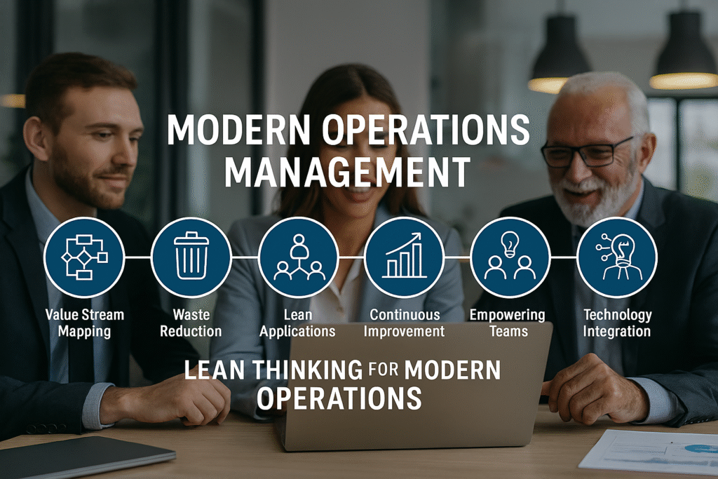 Modern operations management concept with Lean Thinking for Modern Operations icons overlay on business team