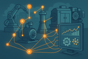 Predictive Maintenance with AI: Industrial machines connected with IoT sensors for data analysis and failure prediction.
